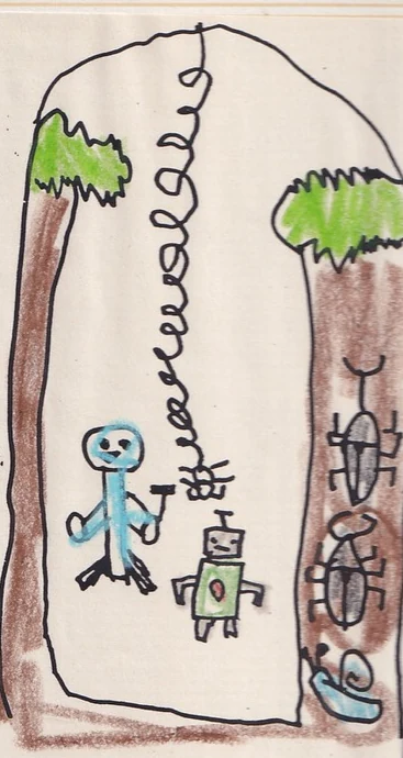 6歳のころに描いた、人とロボットと虫の絵