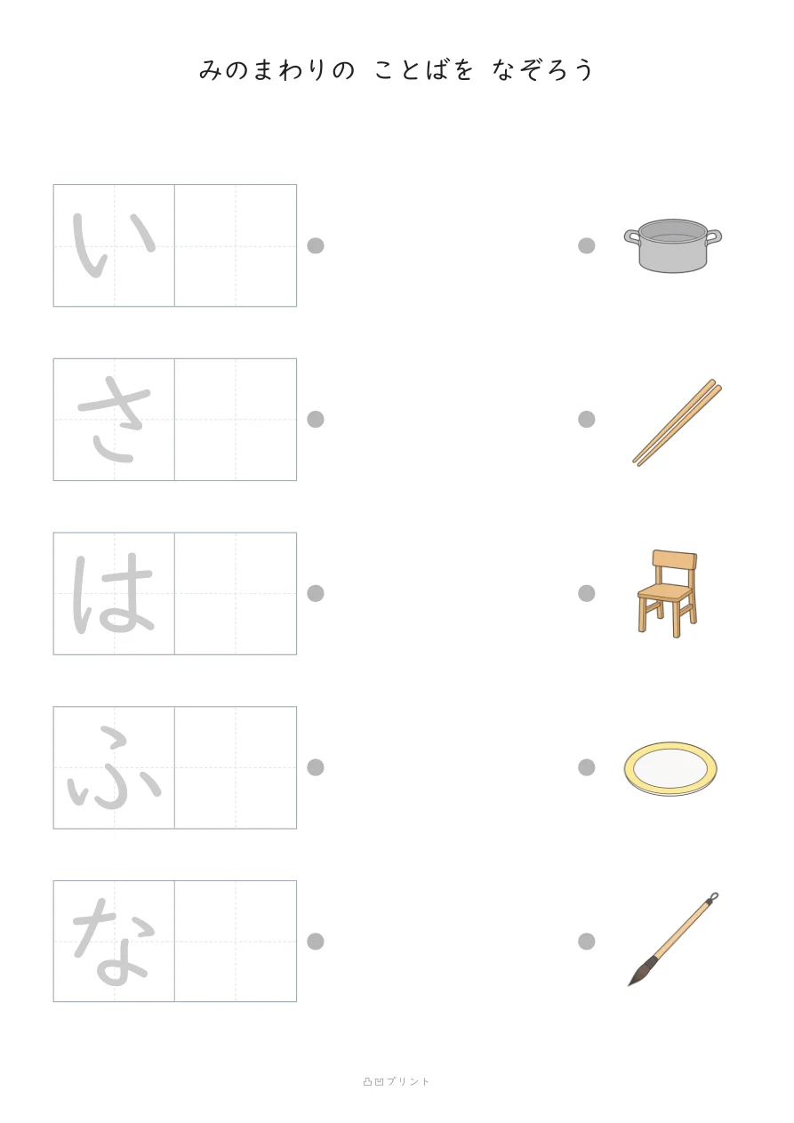 みのまわり②|さいしょの1文字だけ なぞるの見本